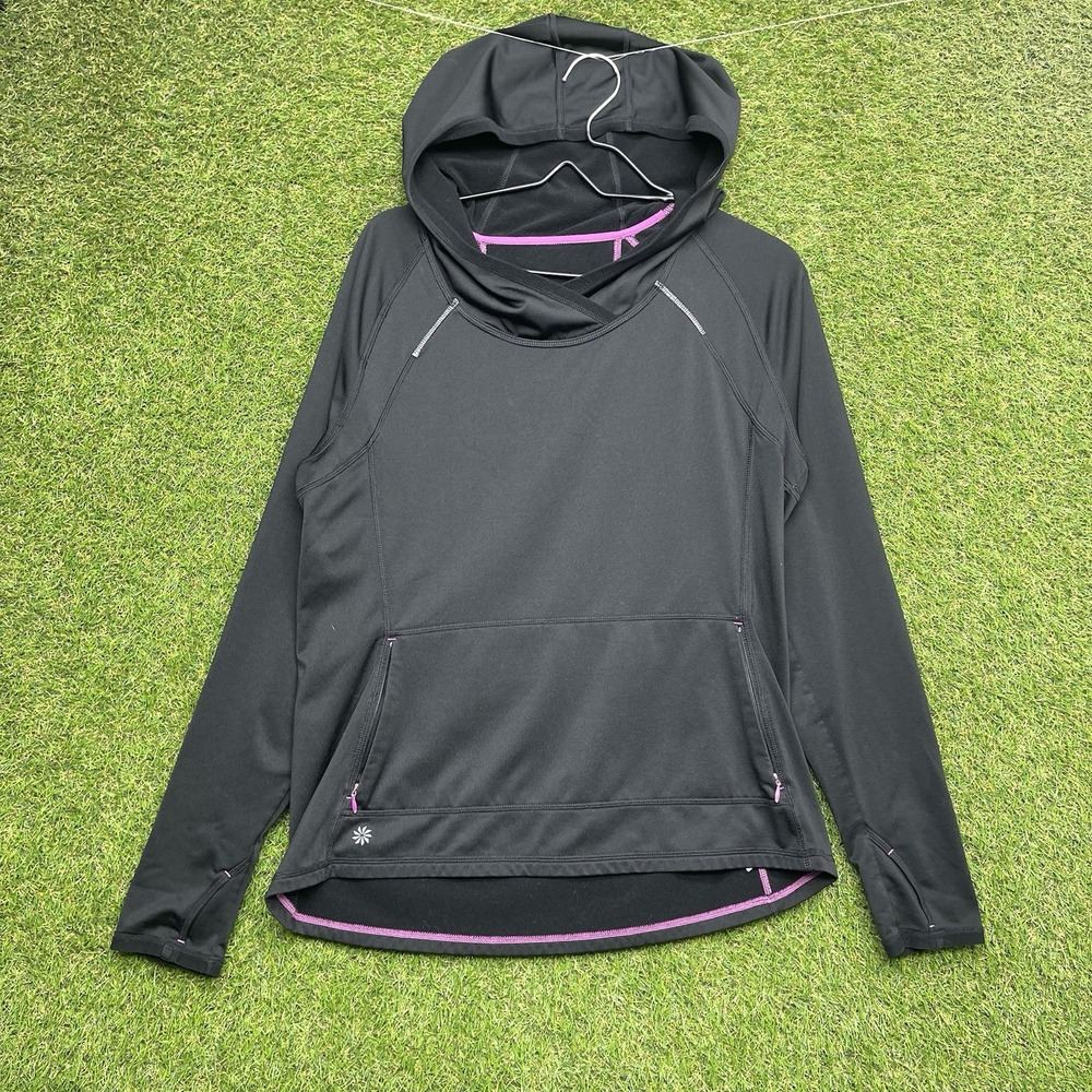 Athleta Hoodie Womens Medium Black Pullover Plushtec Wrap Front Long Sleeve Gym